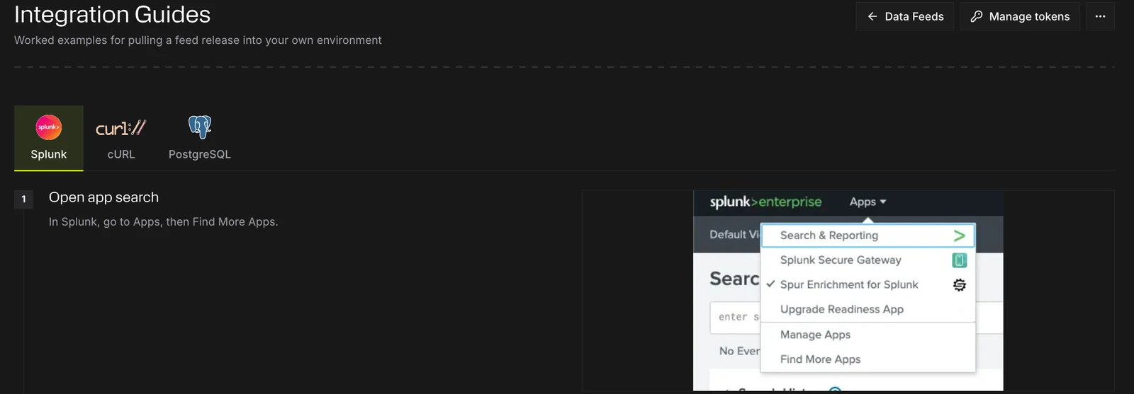 Integration Guides, with the Splunk, cURL and PostgreSQL picker