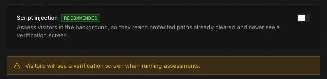 Script injection switched off, with the verification screen warning