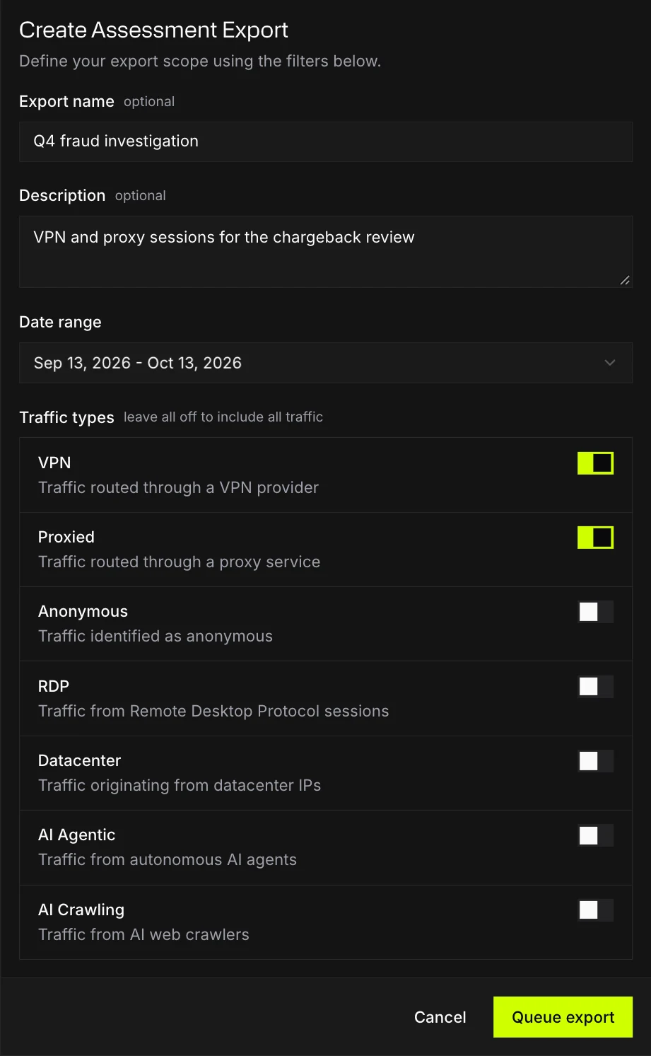 The Create Assessment Export dialog with a name, a description, a 31-day range and the VPN and Proxied traffic types turned on