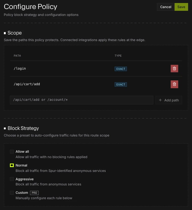 Configure Policy with Scope and Block Strategy on an edge integration