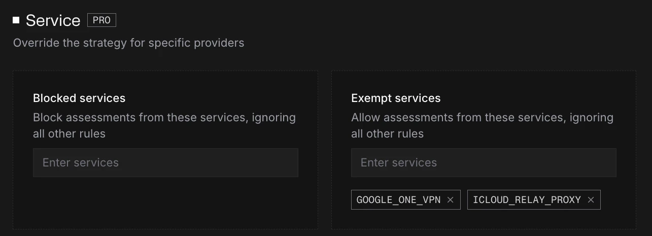 Service controls for blocked and exempt services