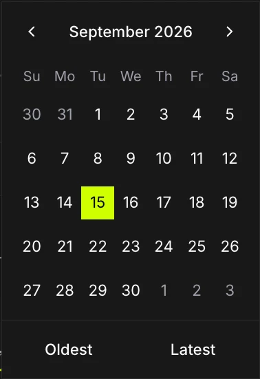 The date picker open on September 2026, with the 15th selected and Oldest and Latest buttons underneath